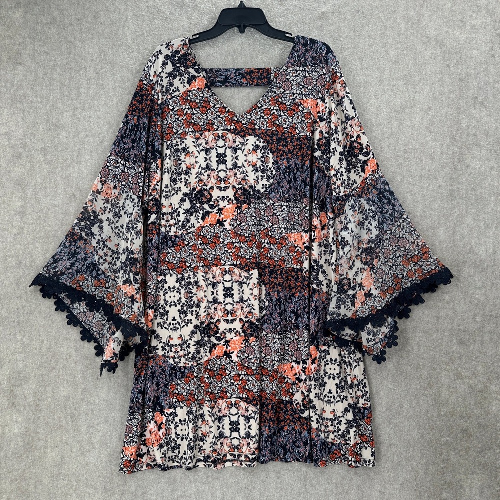 C&B Mini Dress 20 Navy Orange Floral Patchwork Bell Sleeve Crochet Tunic Boho